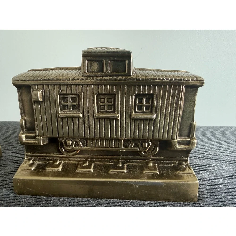 Vintage Solid Brass Metal Train Bookends Steam Locomotive and Caboose Set